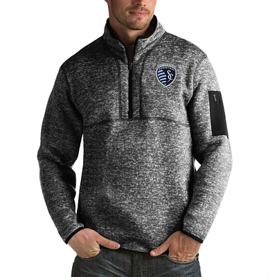 Men's Antigua Black Sporting Kansas City Fortune Quarter-Zip Pullover Jacket