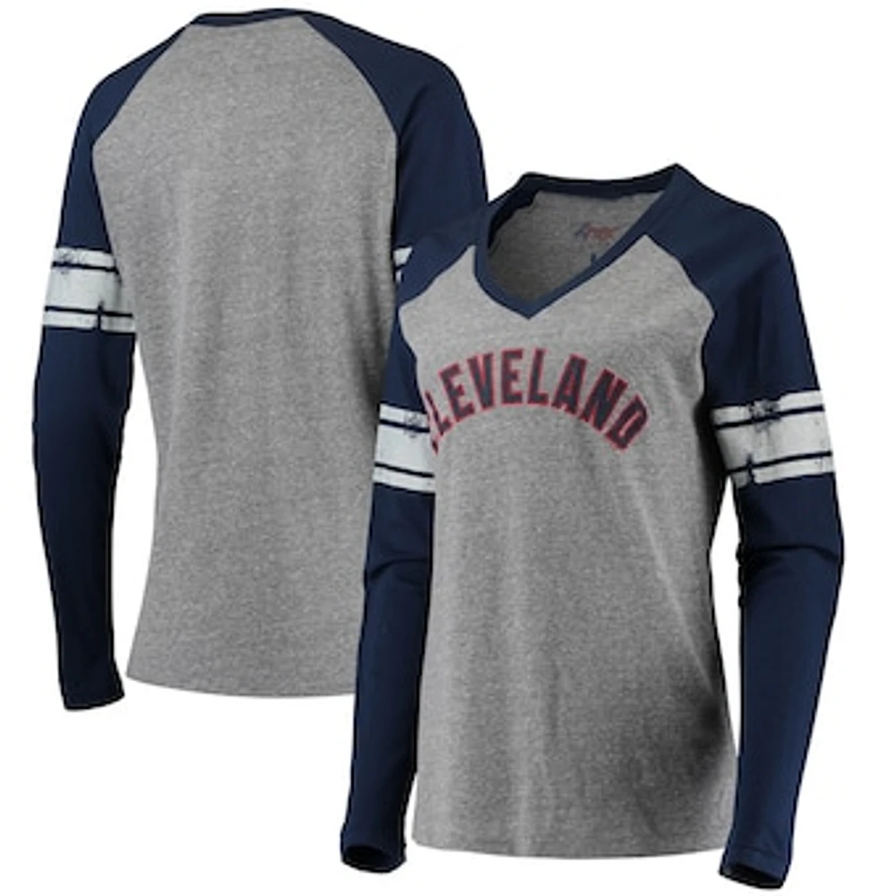 Women's G-III 4Her by Carl Banks Gray/Navy Cleveland Indians Franchise Tri-Blend Raglan Long Sleeve T-Shirt