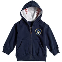 Toddler Soft as a Grape Navy Milwaukee Brewers Baseball Print Full-Zip Hoodie