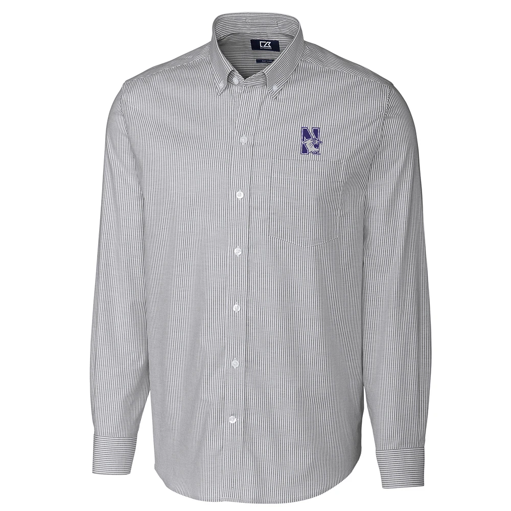 Men's Cutter & Buck Charcoal Northwestern Wildcats Big Tall Stretch Oxford Stripe Long Sleeve Button Down Shirt