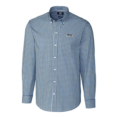 Men's Cutter & Buck Navy Seattle Seahawks Big Tall Stretch Gingham Long Sleeve Woven Button Down Shirt