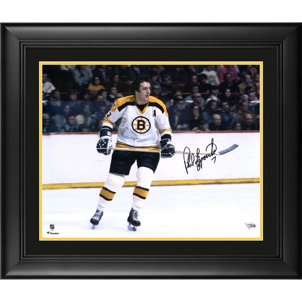 Phil Esposito Boston Bruins Framed Autographed 16" x 20" White Jersey Skating Horizontal Photograph