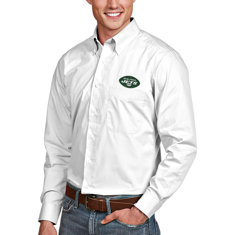 Men's Antigua White New York Jets Dynasty Woven Long Sleeve Button-Down Logo Shirt