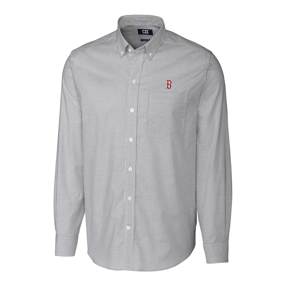 Men's Cutter & Buck Charcoal Boston Red Sox Big & Tall Stretch Oxford Striped Long Sleeve Button-Down Shirt