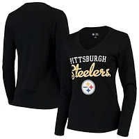 Women's G-III 4Her by Carl Banks Black Pittsburgh Steelers Post Season Long Sleeve V-Neck T-Shirt