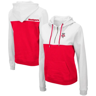 Women's Colosseum White/Red Wisconsin Badgers Aidan Lightweight Half-Zip Hoodie