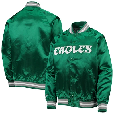 Youth Mitchell & Ness Kelly Green Philadelphia Eagles Lightweight Satin Raglan Full-Snap Jacket