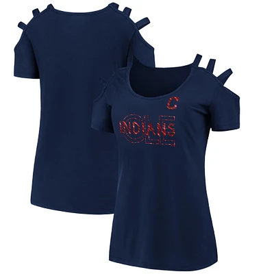 Women's Fanatics Navy Cleveland Indians Three Strap Open Shoulder T-Shirt