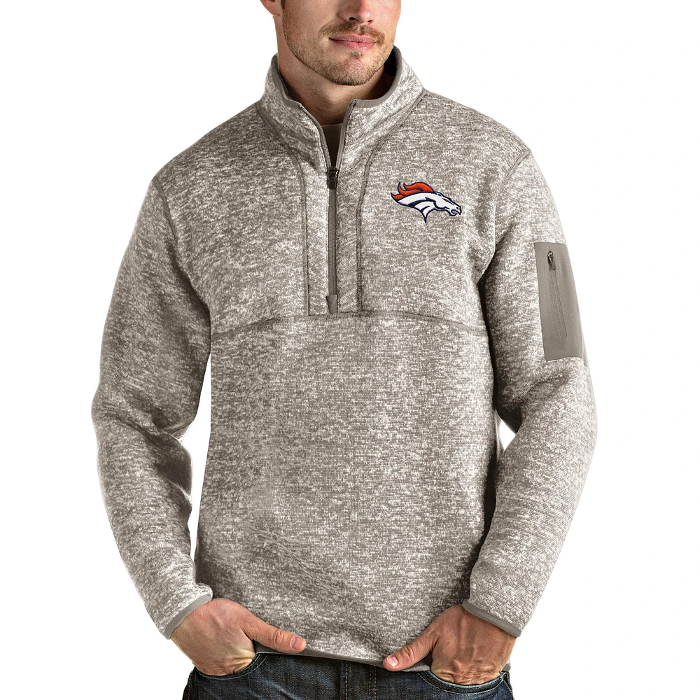 Men's Antigua Oatmeal Denver Broncos Fortune Quarter-Zip Pullover Jacket