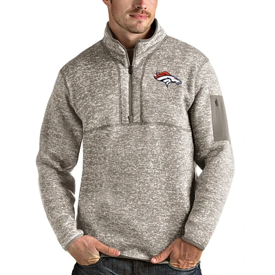 Men's Antigua Oatmeal Denver Broncos Fortune Quarter-Zip Pullover Jacket