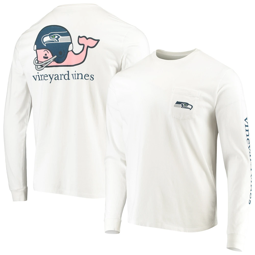 Men's Vineyard Vines White Seattle Seahawks Whale Helmet Long Sleeve T-Shirt