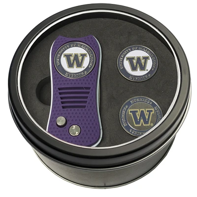 Washington Huskies Divot Tool & Ball Markers Personalized Tin Gift Set