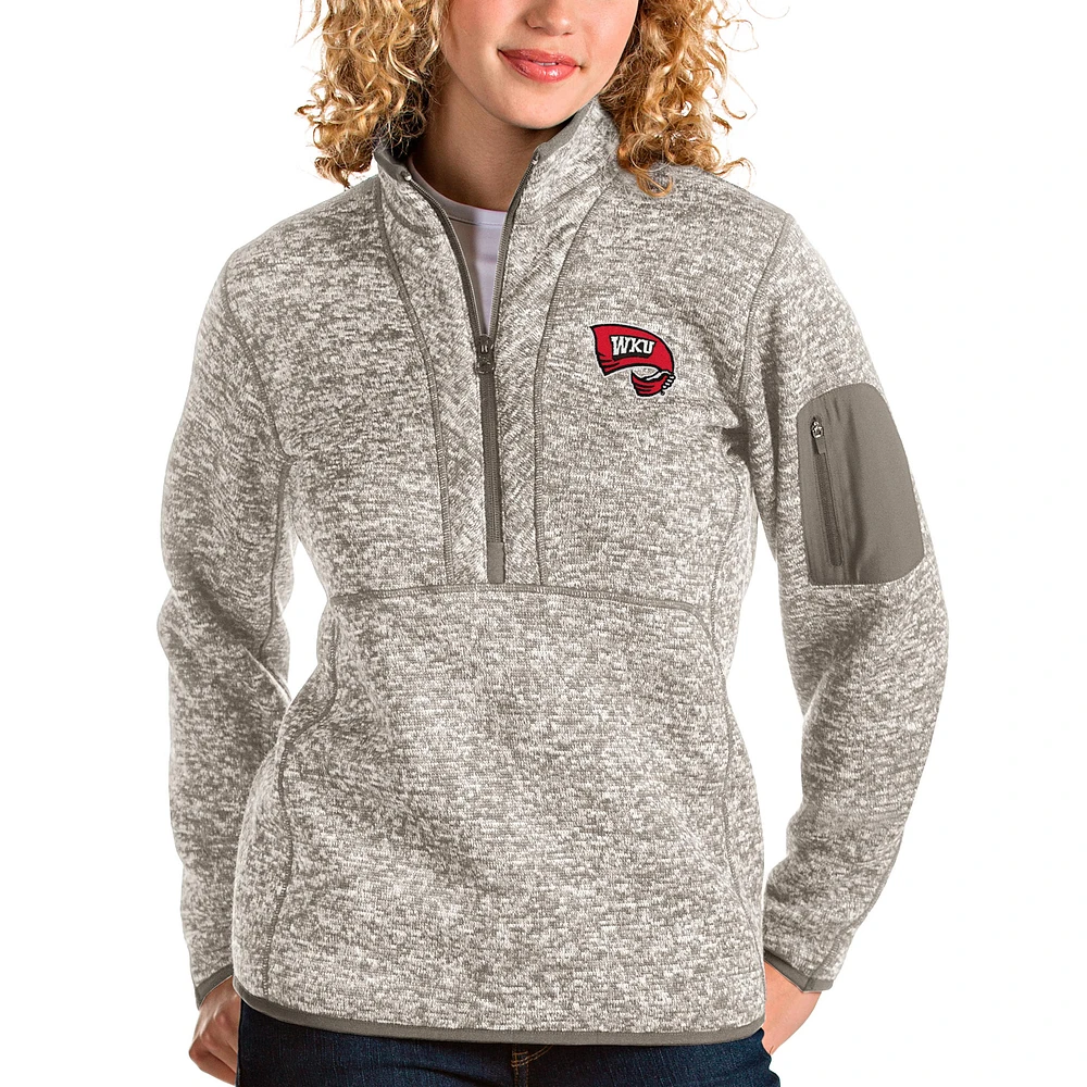 Women's Antigua Oatmeal Western Kentucky Hilltoppers Fortune Half-Zip Pullover Sweater