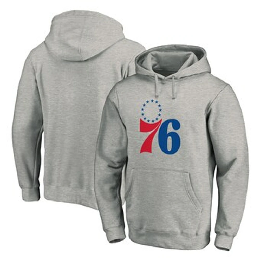 Men's Fanatics Heather Gray Philadelphia 76ers Team Primary Logo Fitted Pullover Hoodie