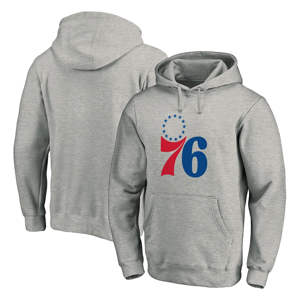 Men's Fanatics Heather Gray Philadelphia 76ers Team Primary Logo Fitted Pullover Hoodie