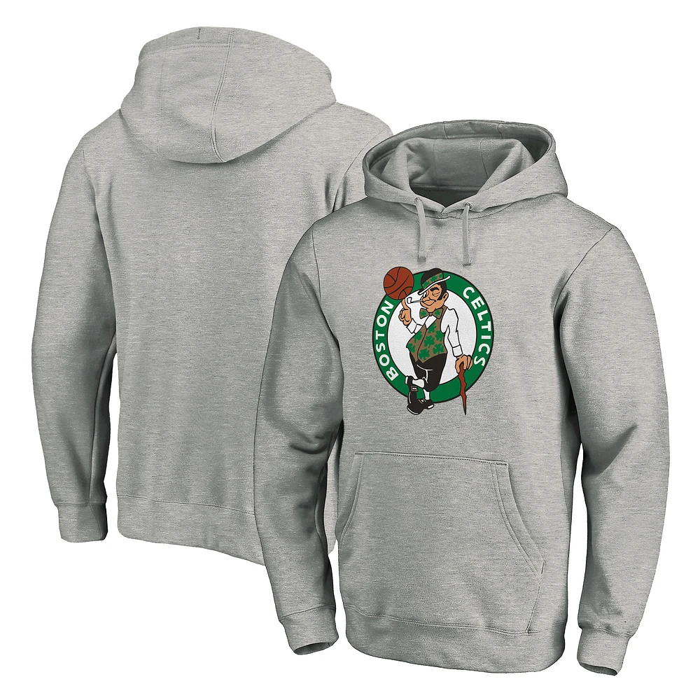 Men's Fanatics Heather Gray Boston Celtics Team Primary Logo Fitted Pullover Hoodie