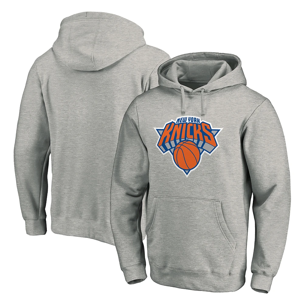 Men's Fanatics Heather Gray New York Knicks Icon Primary Logo Fitted Pullover Hoodie