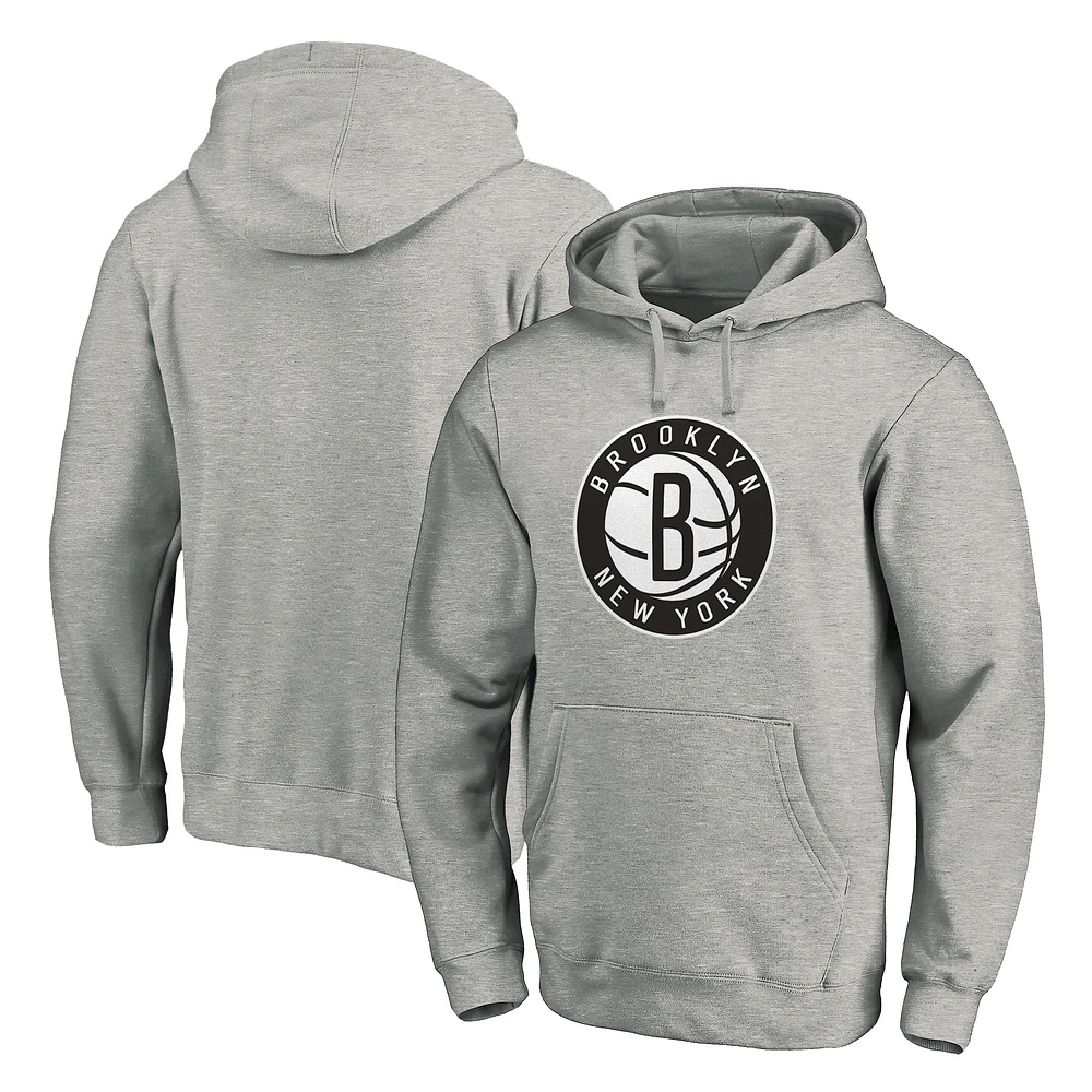 Men's Fanatics Heather Gray Brooklyn Nets Team Primary Logo Fitted Pullover Hoodie