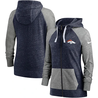 Women's Nike Heathered Navy Denver Broncos Gym Vintage Full-Zip Hoodie