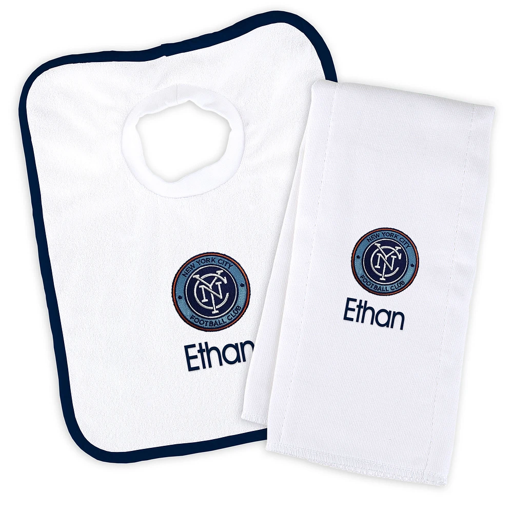 Infant White New York City FC Personalized Bib and Burp Cloth Set