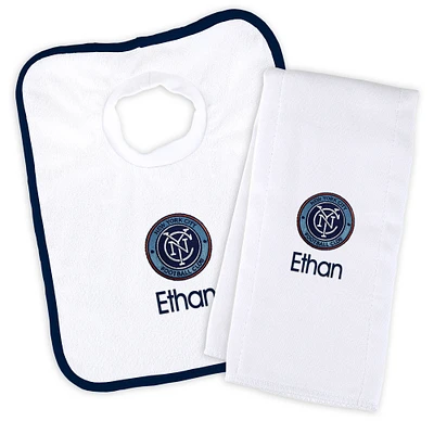 Infant White New York City FC Personalized Bib and Burp Cloth Set