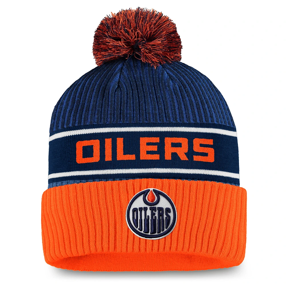 Men's Fanatics Navy/Orange Edmonton Oilers Authentic Pro Locker Room Cuffed Knit Hat with Pom