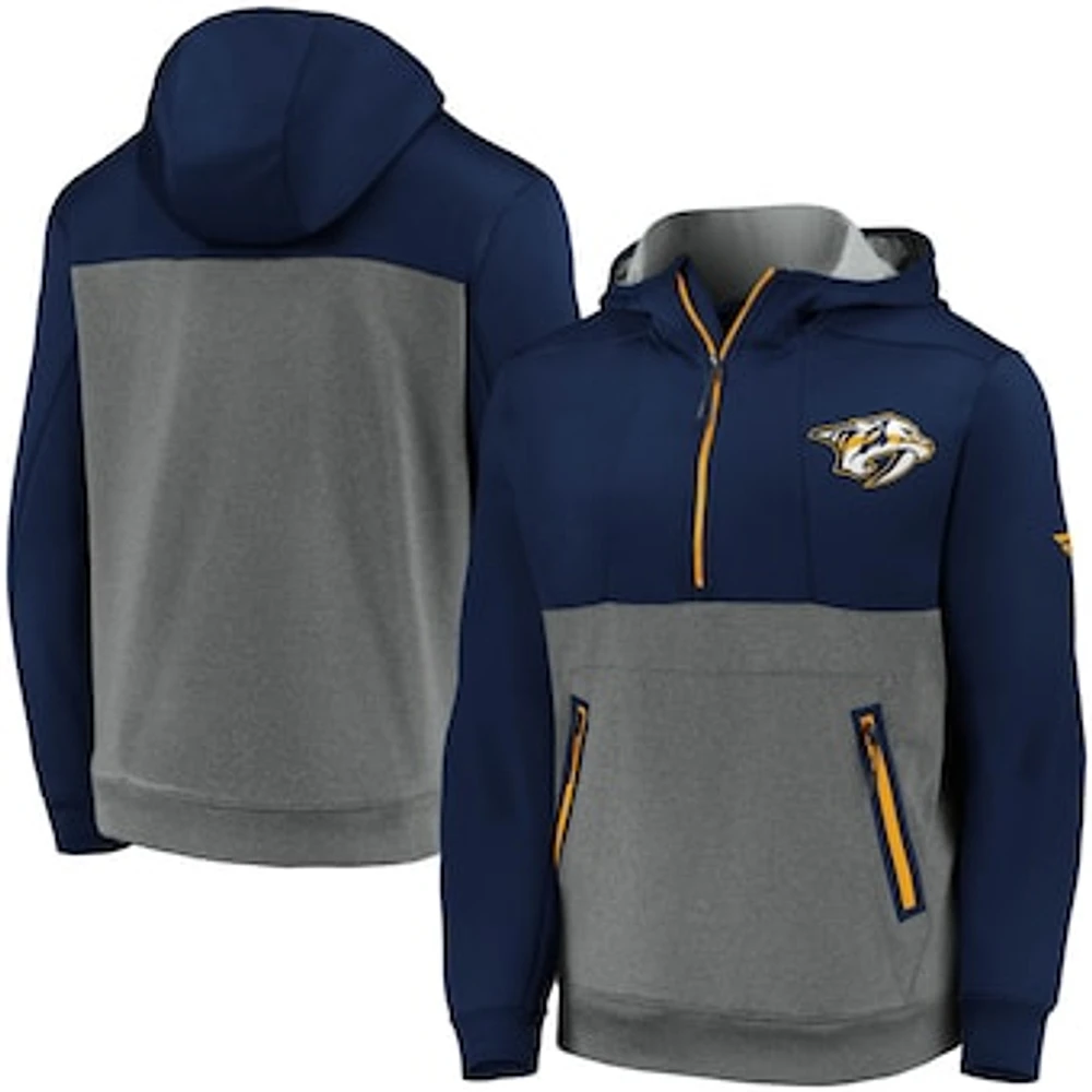 Men's Fanatics Navy/Heathered Gray Nashville Predators Authentic Pro Travel & Training Tech Half-Zip Hoodie