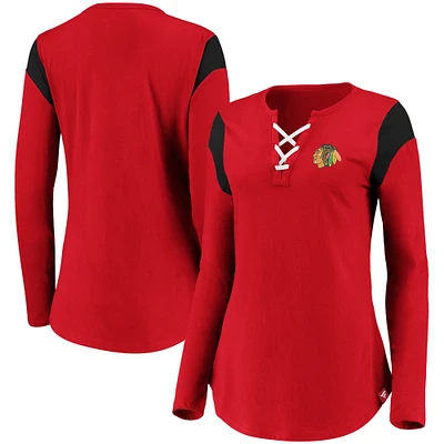 Women's Red Chicago Blackhawks Iconic Long Sleeve Lace-Up V-Neck T-Shirt