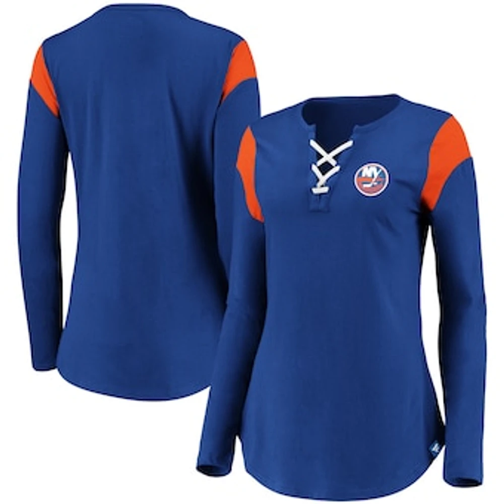 Women's Fanatics Royal New York Islanders Iconic Long Sleeve Lace-Up V-Neck T-Shirt