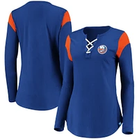 Women's Fanatics Royal New York Islanders Iconic Long Sleeve Lace-Up V-Neck T-Shirt