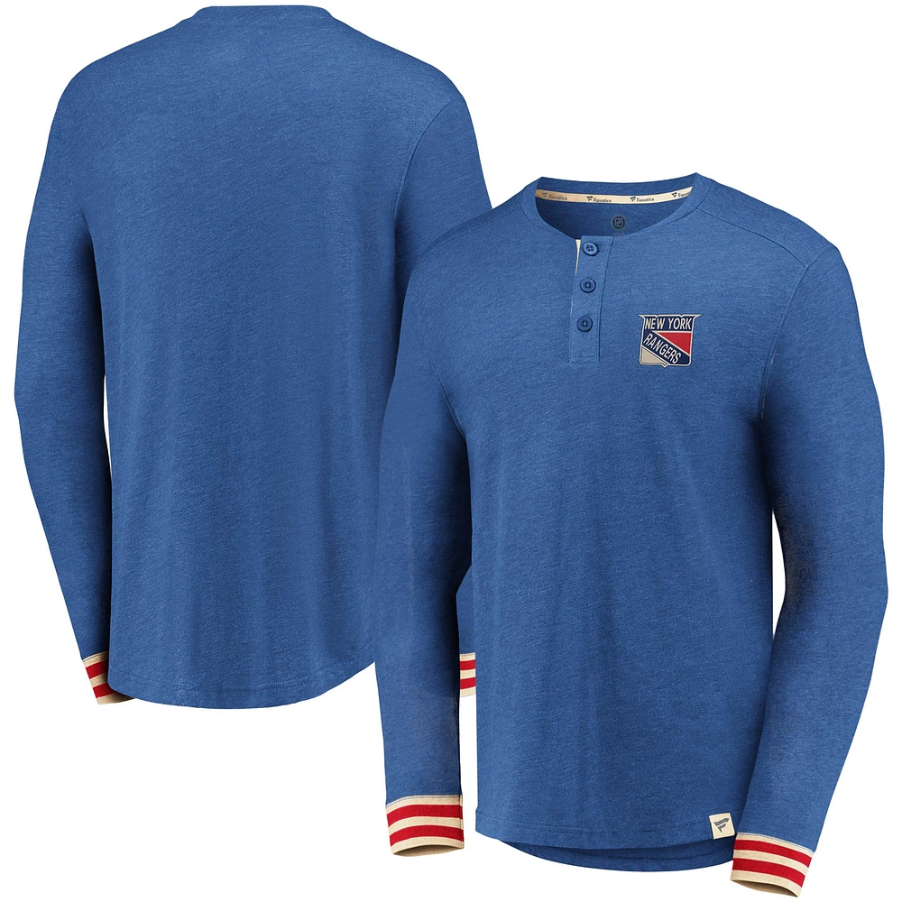 Men's Heathered Blue New York Rangers True Classics Henley Long Sleeve T-Shirt