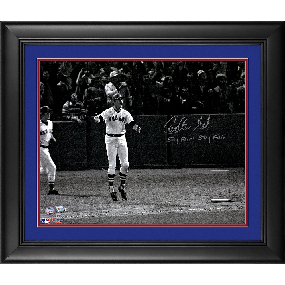 Carlton Fisk Boston Red Sox Framed Autographed 16" x 20" Watching HR Photograph with "Stay Fair! Stay Fair!" Inscription