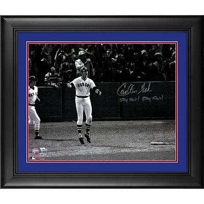 Carlton Fisk Boston Red Sox Framed Autographed 16" x 20" Watching HR Photograph with "Stay Fair! Stay Fair!" Inscription