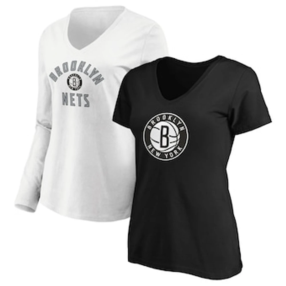 Women's Fanatics Black/White Brooklyn Nets V-Neck T-Shirt Combo Pack