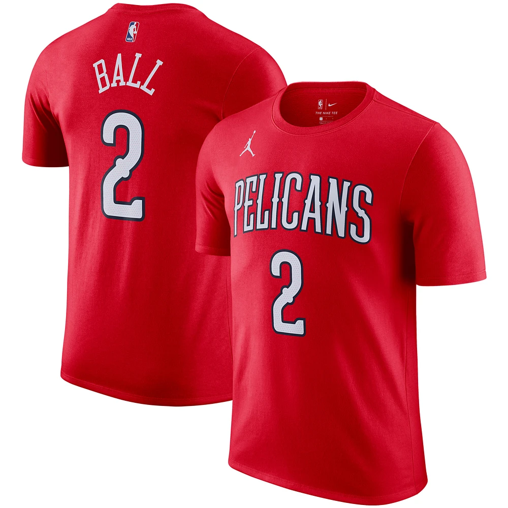 Men's Jordan Brand Red New Orleans Pelicans 2020/21 Lonzo Ball Statement Name & Number T-Shirt