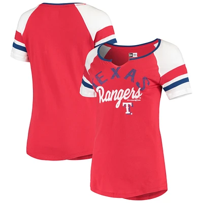 Women's New Era Red Texas Rangers Striped Sleeve V-Notch T-Shirt