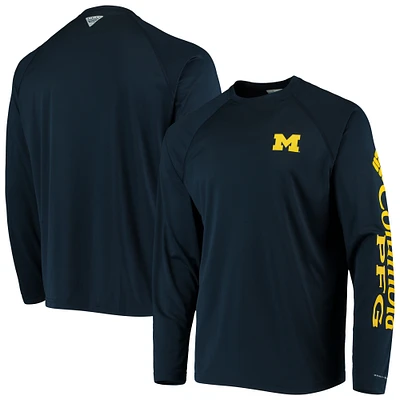 Men's Columbia Navy Michigan Wolverines Terminal Tackle Omni-Shade Raglan Long Sleeve T-Shirt