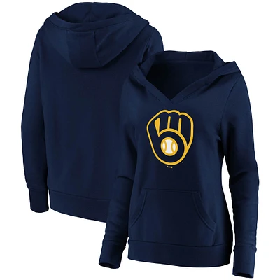 Women's Fanatics Navy Milwaukee Brewers Official Logo Crossover V-Neck Pullover Hoodie