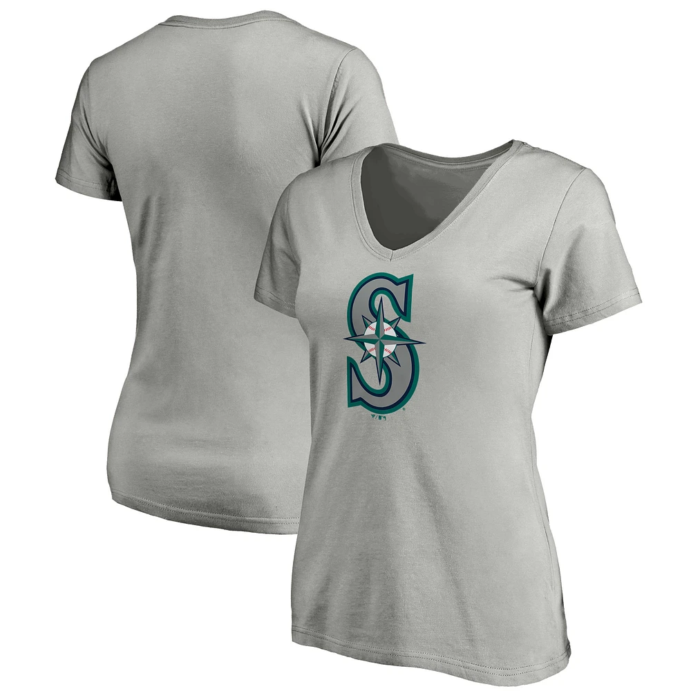 Women's Fanatics Heathered Gray Seattle Mariners Core Official Logo V-Neck T-Shirt