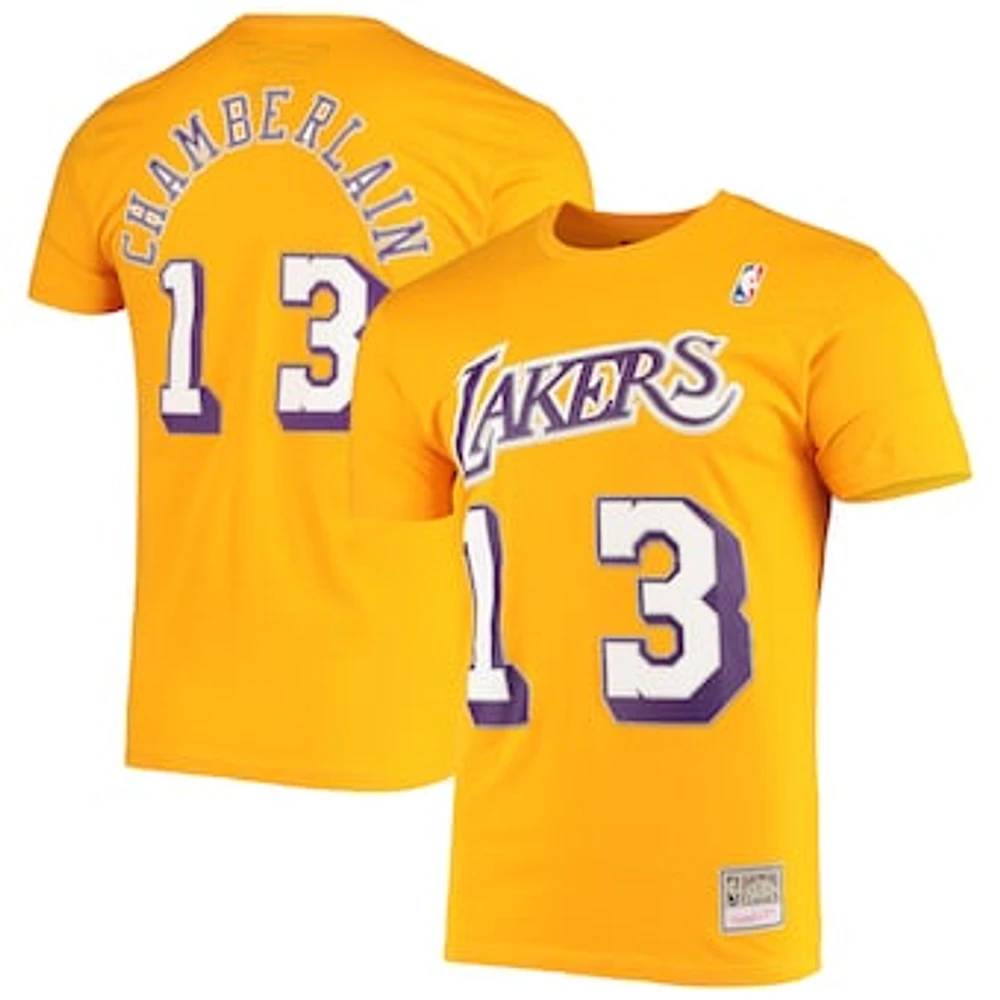 Men's Mitchell & Ness Wilt Chamberlain Gold Los Angeles Lakers Hardwood Classics Stitch Name & Number T-Shirt