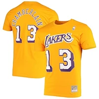 Men's Mitchell & Ness Wilt Chamberlain Gold Los Angeles Lakers Hardwood Classics Stitch Name & Number T-Shirt