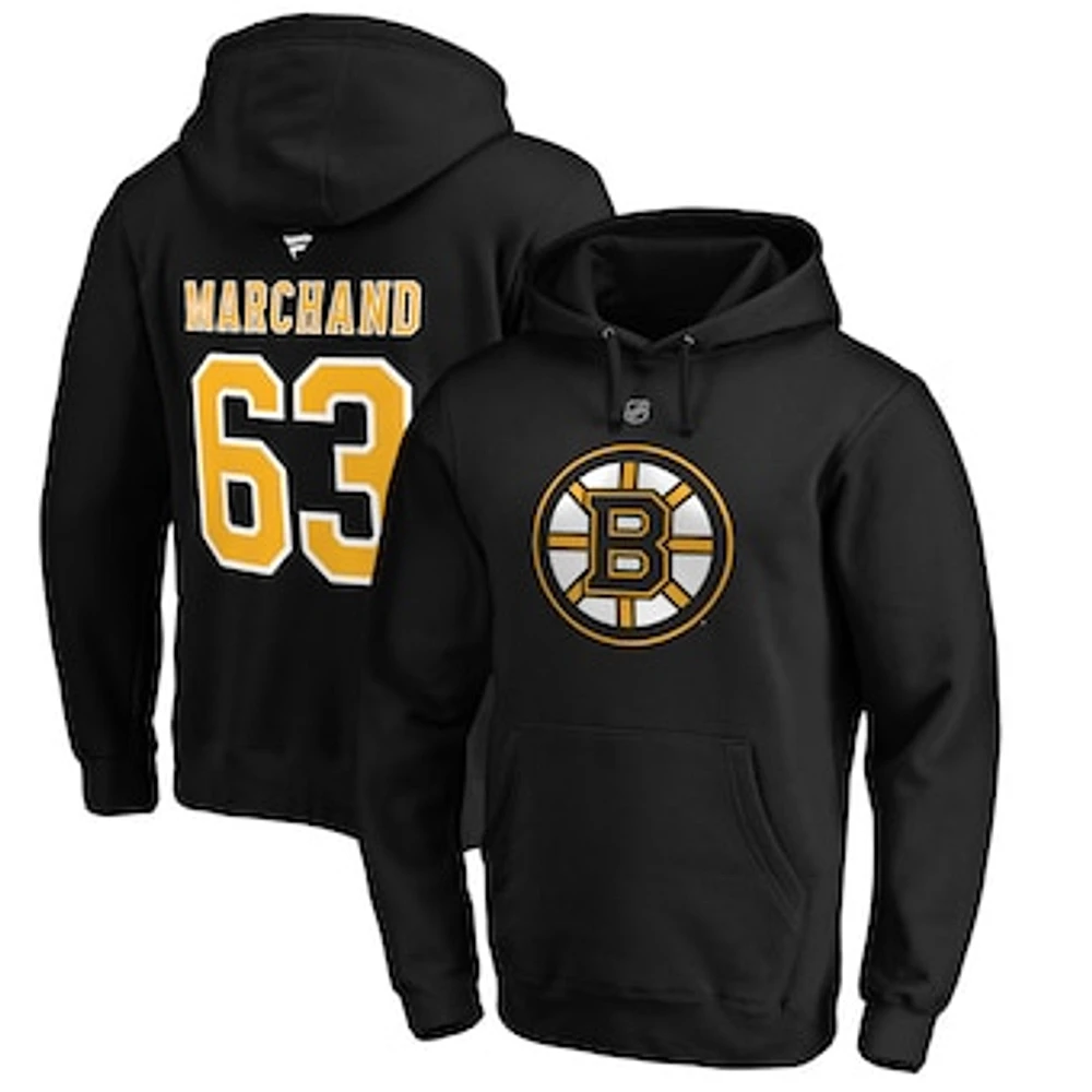 Men's Fanatics Brad Marchand Black Boston Bruins Authentic Stack Player Name & Number Fitted Pullover Hoodie