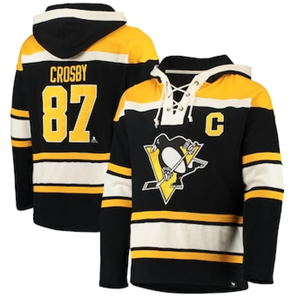 Men's '47 Sidney Crosby Black Pittsburgh Penguins Player Name & Number Lacer Pullover Hoodie