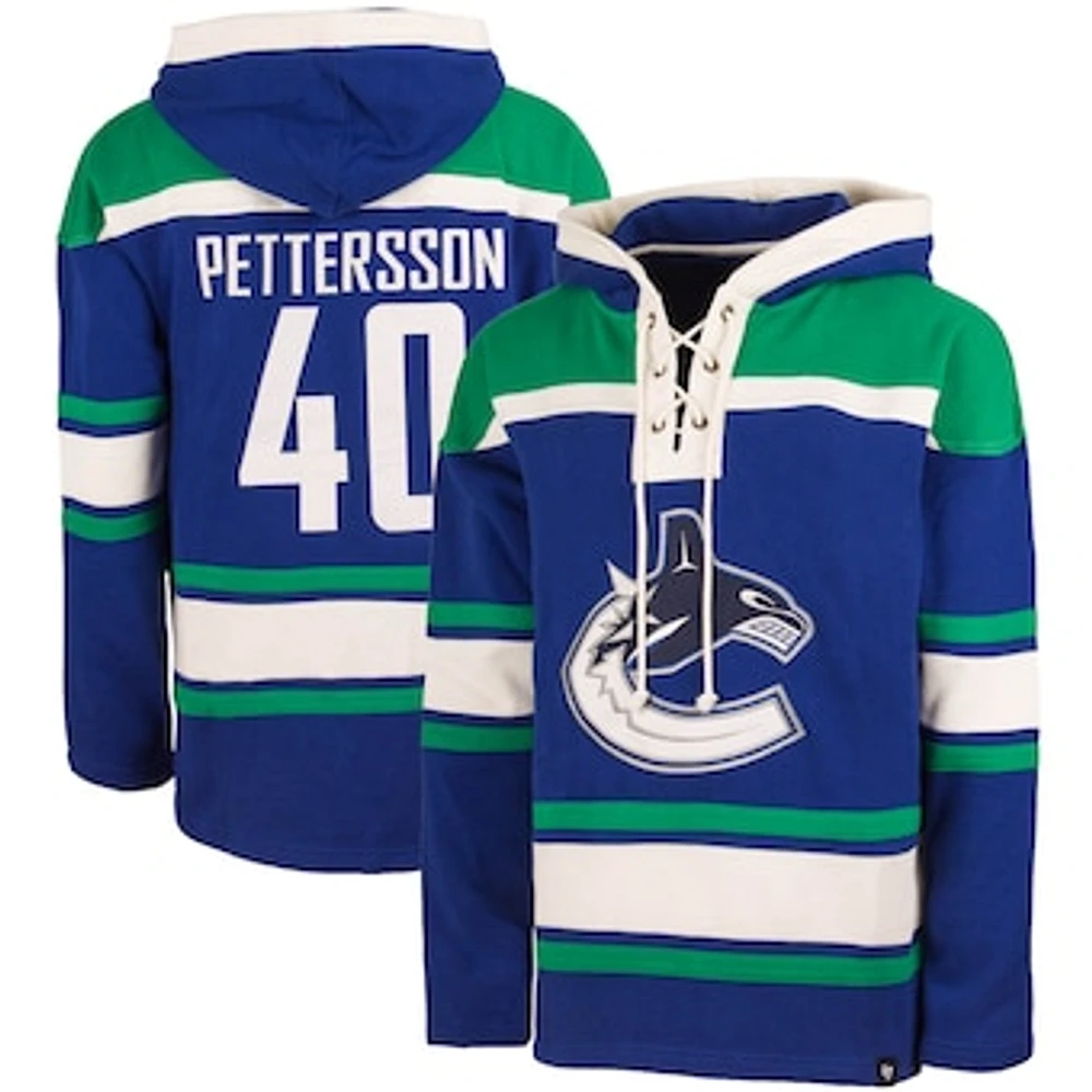 Men's '47 Elias Pettersson Blue Vancouver Canucks Lacer Player Name & Number Pullover Hoodie