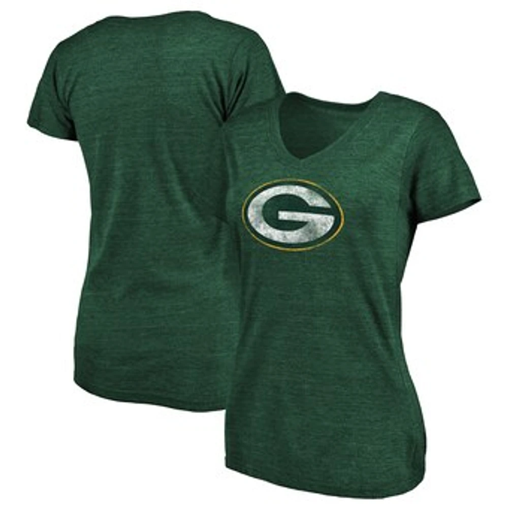 Women's Fanatics Heathered Green Green Bay Packers Distressed Team Tri-Blend V-Neck T-Shirt