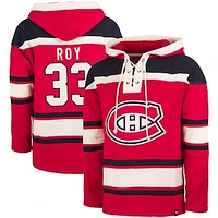 Men's '47 Patrick Roy Red Montreal Canadiens Lacer Player Name & Number Pullover Hoodie