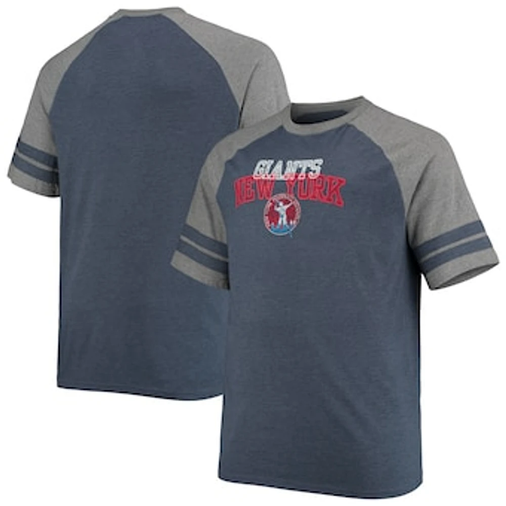 Men's Navy/Heathered Gray New York Giants Big & Tall Throwback 2-Stripe Raglan T-Shirt