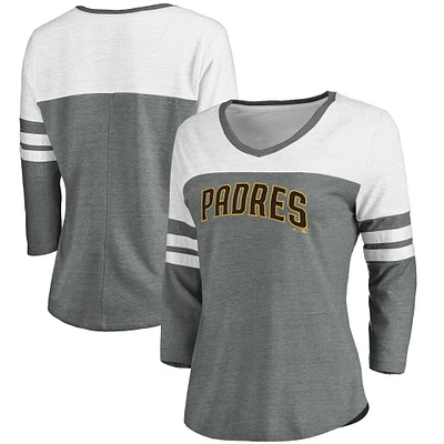 Women's Fanatics Heathered Gray/White San Diego Padres Official Wordmark 3/4 Sleeve V-Neck T-Shirt