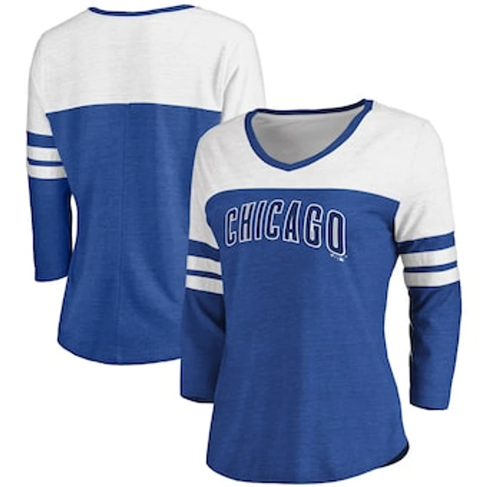 Women's Fanatics Heathered Royal/White Chicago Cubs Official Wordmark 3/4 Sleeve V-Neck T-Shirt