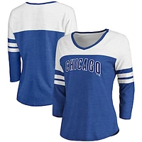 Women's Fanatics Heathered Royal/White Chicago Cubs Official Wordmark 3/4 Sleeve V-Neck T-Shirt